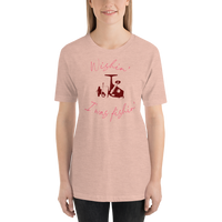 Model wearing women's fishing t shirt with spinning reel design and cute text.